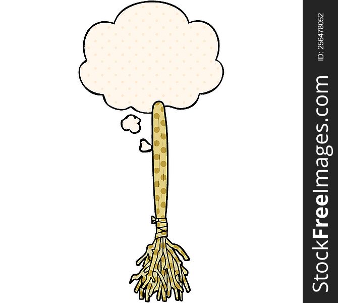 cartoon magic broom with thought bubble in comic book style