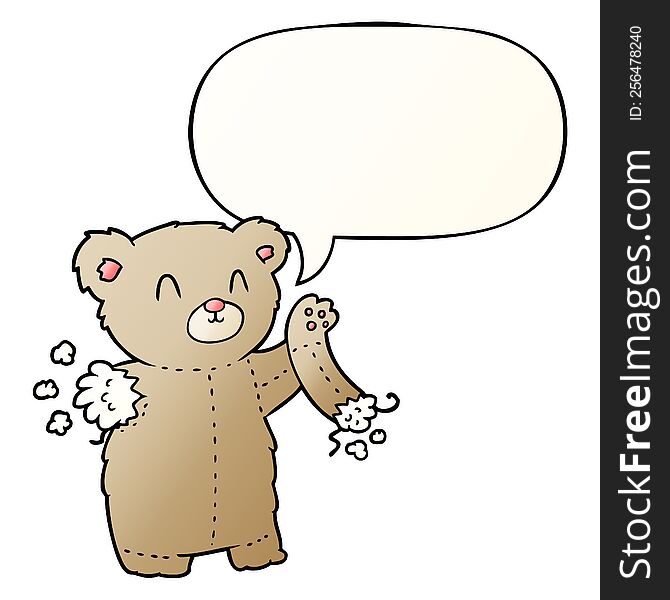 cartoon teddy bear and torn arm and speech bubble in smooth gradient style