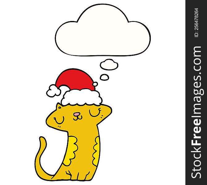 Cute Cartoon Cat Wearing Christmas Hat And Thought Bubble