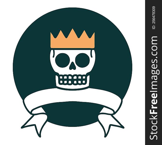 tattoo style icon with banner of a skull and crown