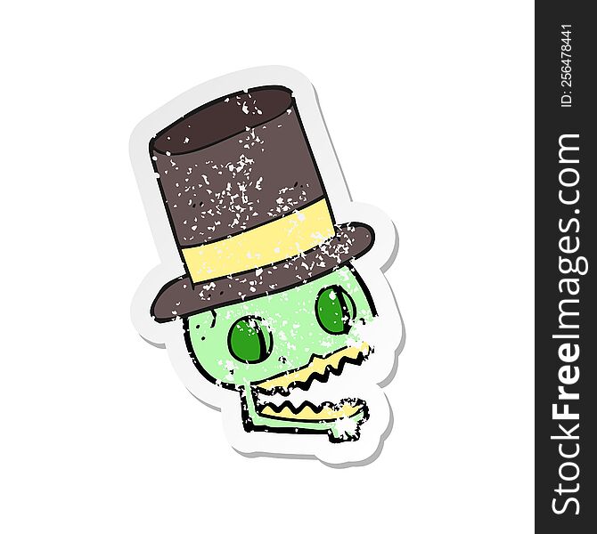 retro distressed sticker of a cartoon laughing skull in top hat