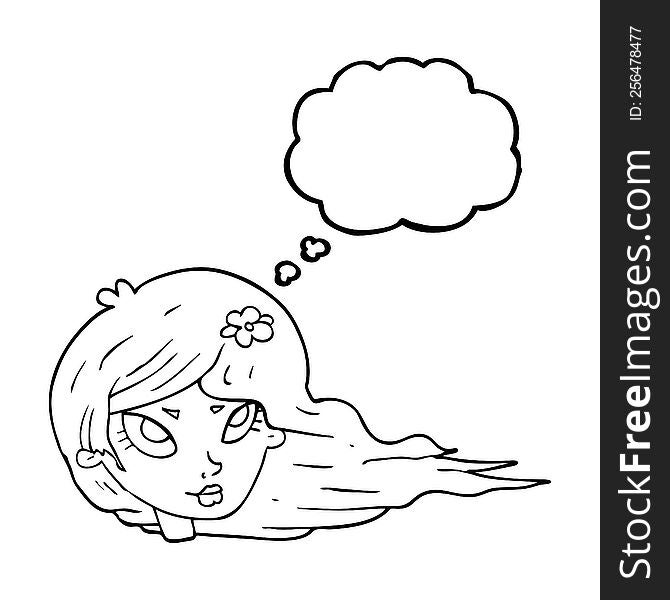 freehand drawn thought bubble cartoon woman with blowing hair