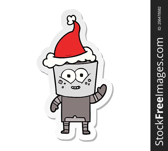 happy hand drawn sticker cartoon of a robot waving hello wearing santa hat. happy hand drawn sticker cartoon of a robot waving hello wearing santa hat