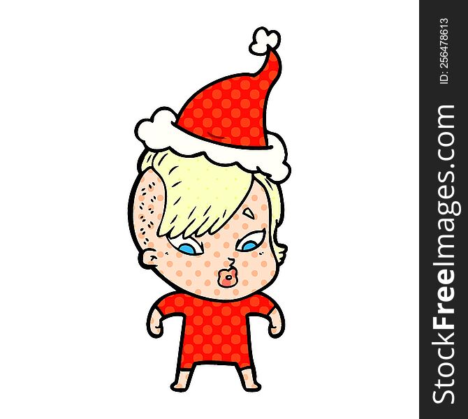 Comic Book Style Illustration Of A Surprised Girl Wearing Santa Hat