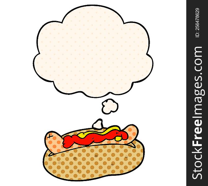 cartoon hotdog with thought bubble in comic book style