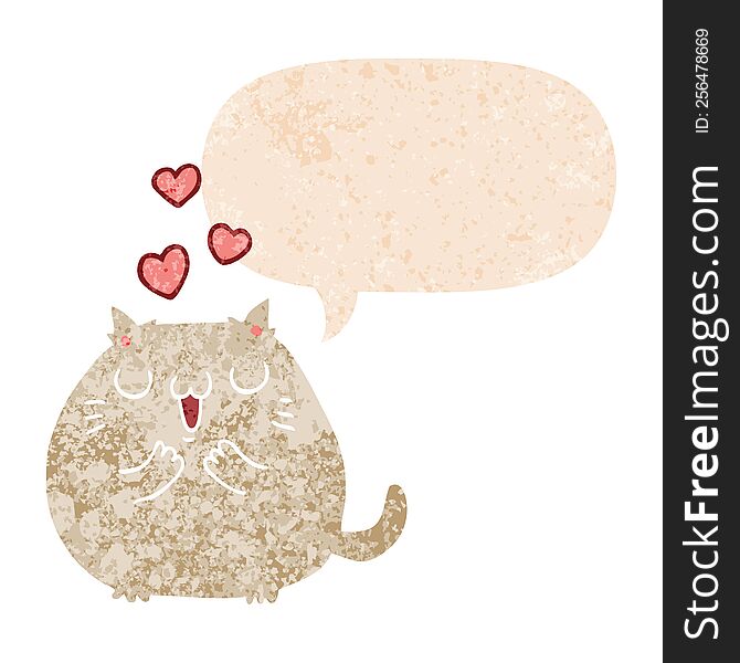 cute cartoon cat in love with speech bubble in grunge distressed retro textured style. cute cartoon cat in love with speech bubble in grunge distressed retro textured style