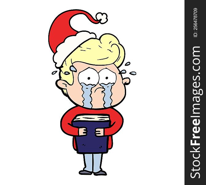 line drawing of a crying man holding book wearing santa hat