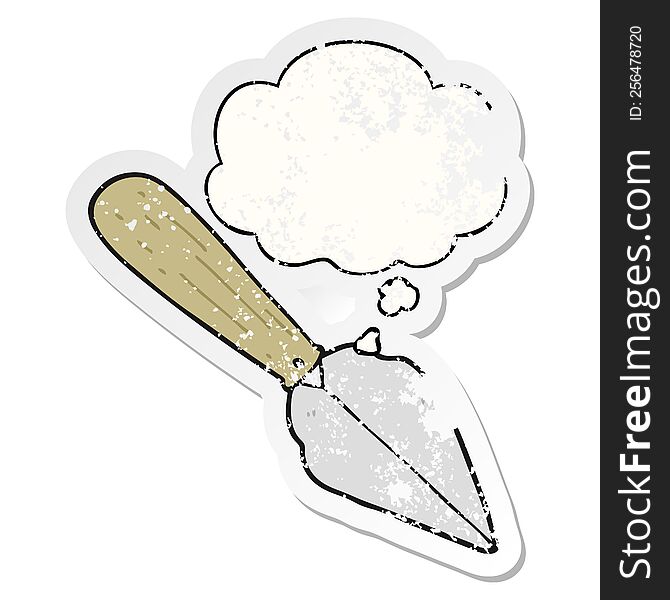cartoon garden trowel with thought bubble as a distressed worn sticker
