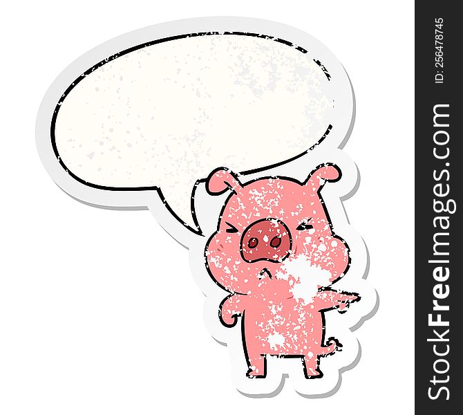 cartoon angry pig pointing with speech bubble distressed distressed old sticker. cartoon angry pig pointing with speech bubble distressed distressed old sticker