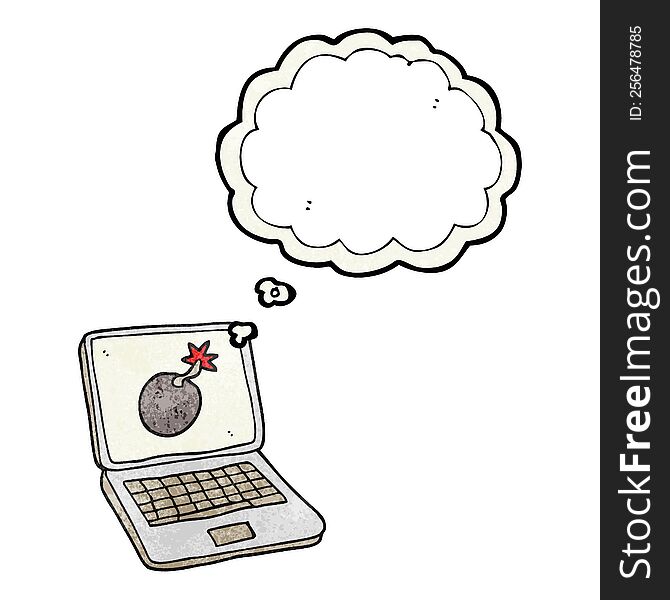 freehand drawn thought bubble textured cartoon laptop computer with error screen