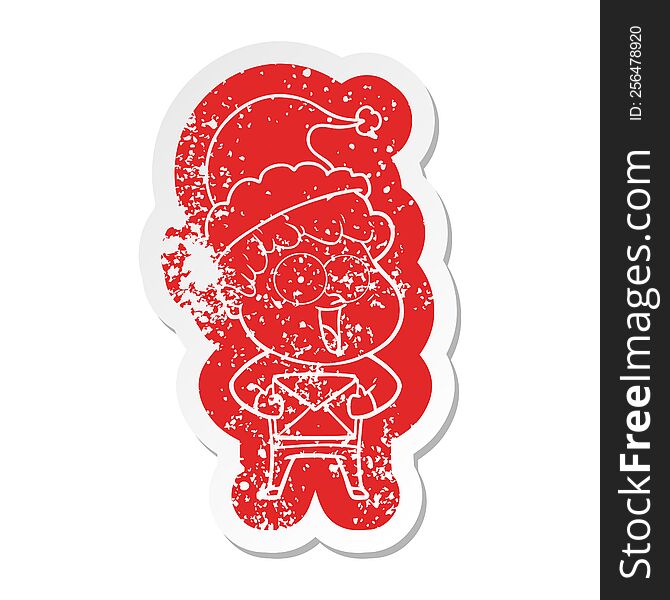 quirky cartoon distressed sticker of a happy man wearing santa hat