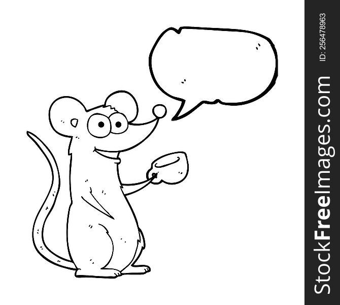 freehand drawn speech bubble cartoon mouse with cup of tea