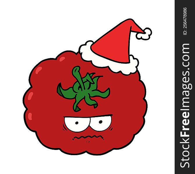 hand drawn line drawing of a angry tomato wearing santa hat