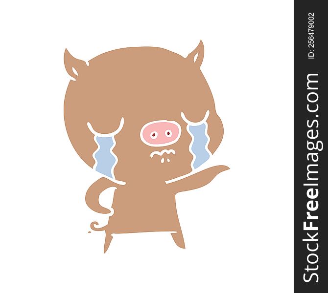 Flat Color Style Cartoon Pig Crying Pointing