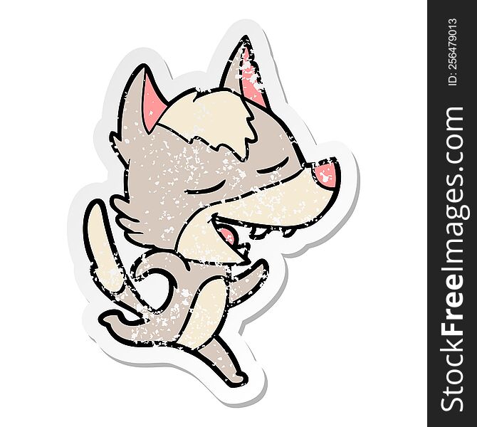 Distressed Sticker Of A Cartoon Running Wolf Laughing