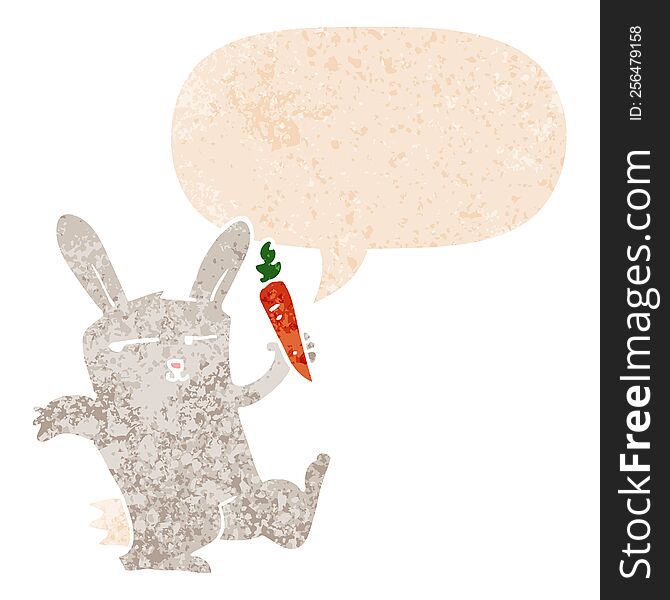 Cartoon Rabbit With Carrot And Speech Bubble In Retro Textured Style