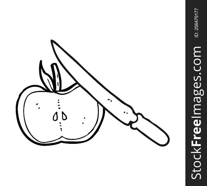 freehand drawn black and white cartoon apple being sliced