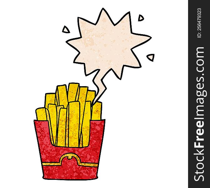 cartoon junk food fries with speech bubble in retro texture style