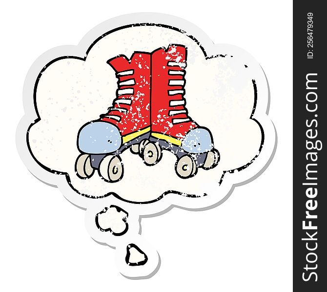 cartoon roller boots with thought bubble as a distressed worn sticker