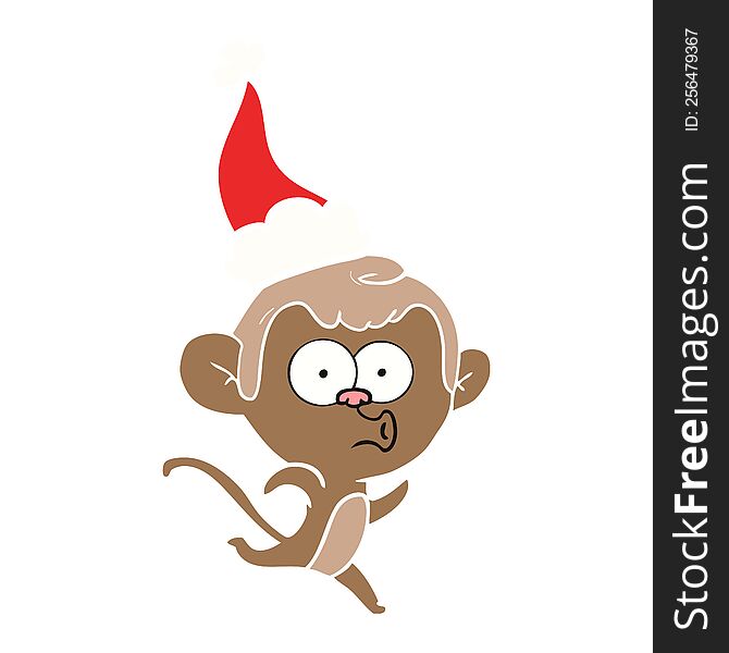 hand drawn flat color illustration of a surprised monkey wearing santa hat