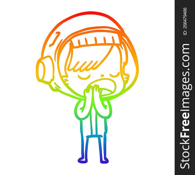 rainbow gradient line drawing of a cartoon astronaut woman explaining