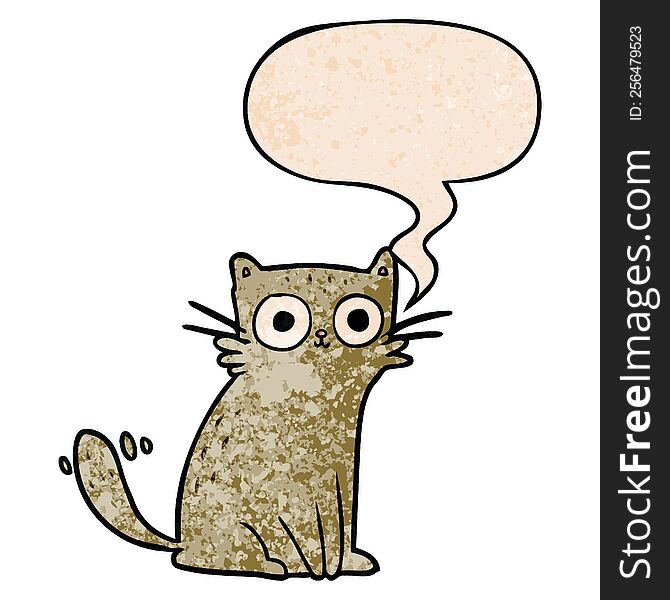 cartoon staring cat with speech bubble in retro texture style