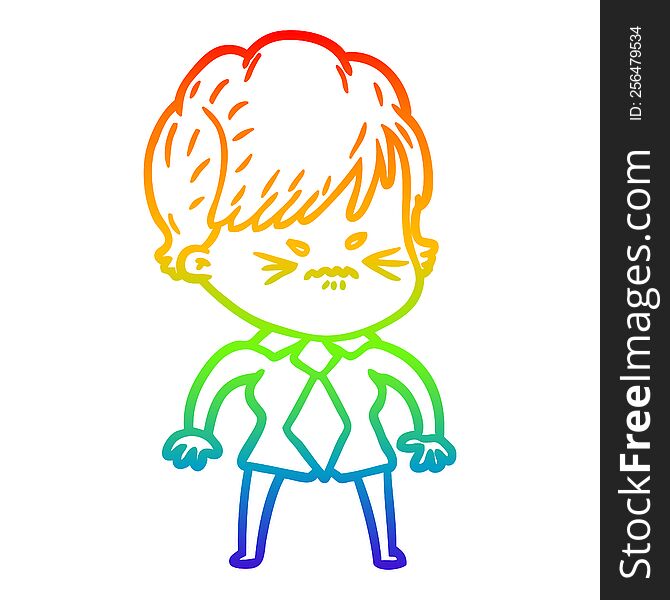 Rainbow Gradient Line Drawing Cartoon Frustrated Woman
