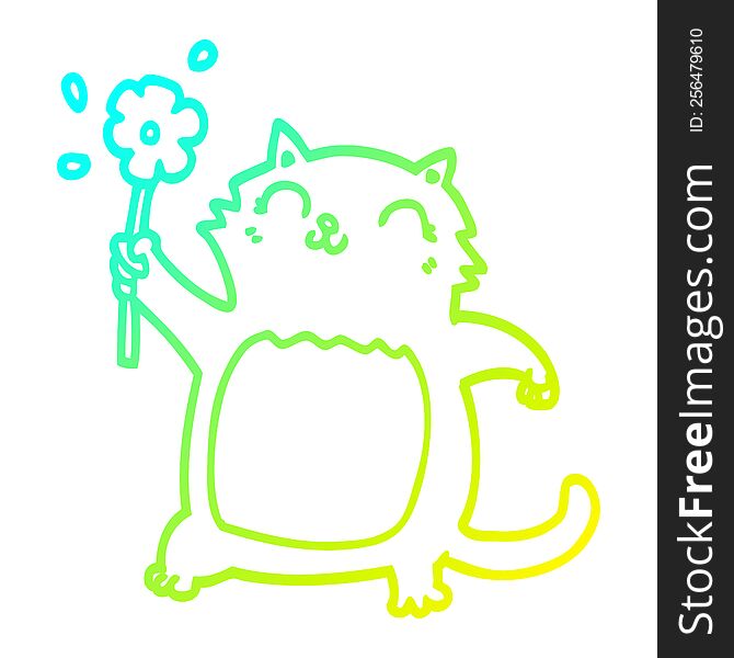 cold gradient line drawing of a cartoon cat with flower