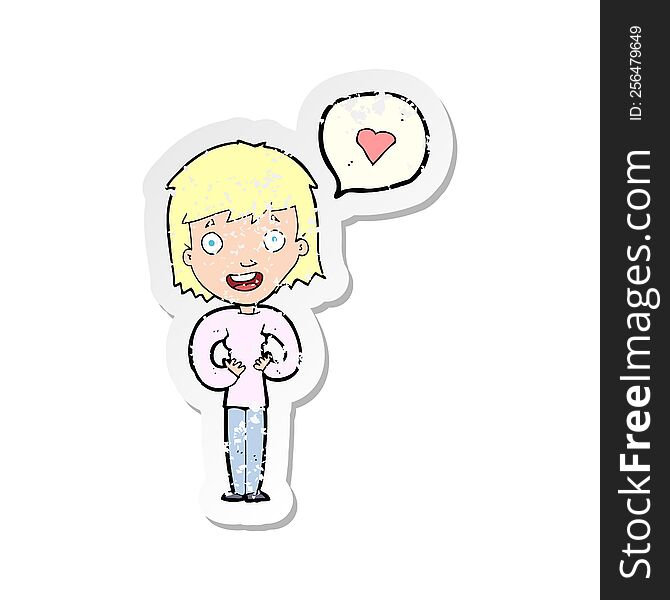 Retro Distressed Sticker Of A Cartoon Happy Woman In Love