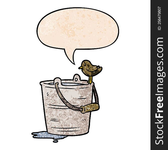 cartoon bird looking into bucket of water and speech bubble in retro texture style