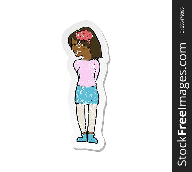 Retro Distressed Sticker Of A Cartoon Brainy Woman