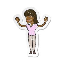 Retro Distressed Sticker Of A Cartoon Woman Throwing Hands In Air Stock Image