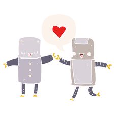 Cartoon Robots In Love And Speech Bubble In Retro Style Royalty Free Stock Image