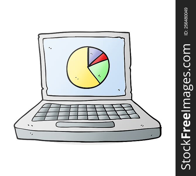 freehand drawn cartoon laptop computer with pie chart