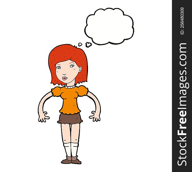 cartoon woman looking sideways with thought bubble
