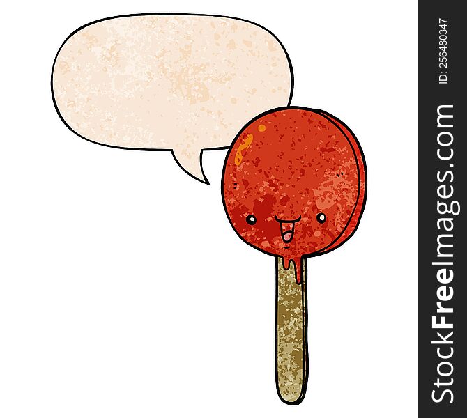 cartoon candy lollipop with speech bubble in retro texture style