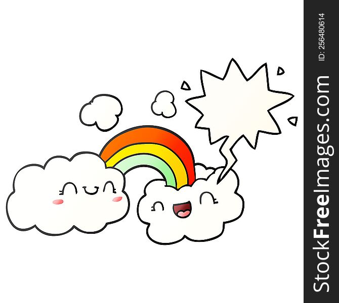 Happy Cartoon Clouds And Rainbow And Speech Bubble In Smooth Gradient Style