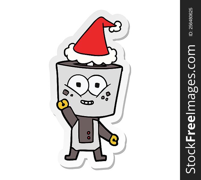 happy sticker cartoon of a robot waving hello wearing santa hat