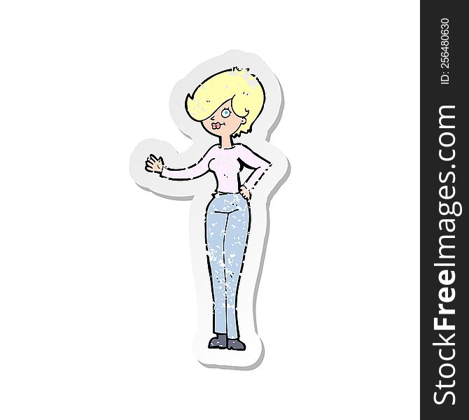retro distressed sticker of a cartoon woman waving