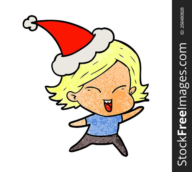 happy hand drawn textured cartoon of a girl wearing santa hat. happy hand drawn textured cartoon of a girl wearing santa hat