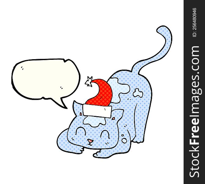 freehand drawn comic book speech bubble cartoon cat wearing christmas hat