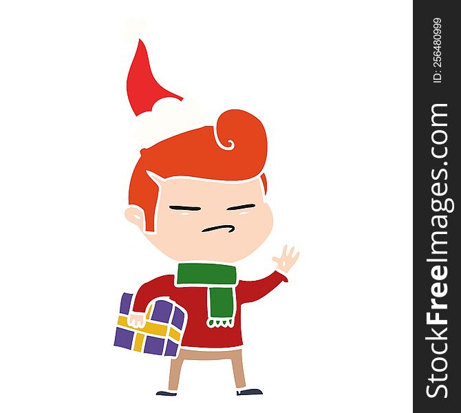 hand drawn flat color illustration of a cool guy with fashion hair cut wearing santa hat
