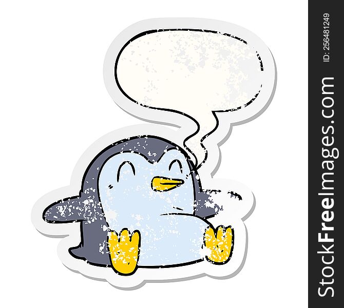 cartoon penguin with speech bubble distressed distressed old sticker. cartoon penguin with speech bubble distressed distressed old sticker