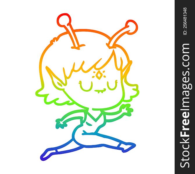 rainbow gradient line drawing of a cartoon alien girl jumping