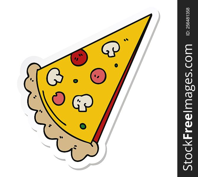 Sticker Of A Quirky Hand Drawn Cartoon Slice Of Pizza