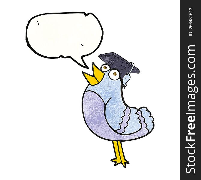 freehand speech bubble textured cartoon bird wearing graduation cap