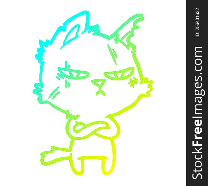 cold gradient line drawing of a tough cartoon cat folding arms