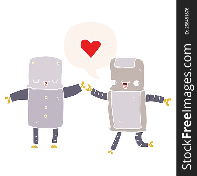 cartoon robots in love with speech bubble in retro style
