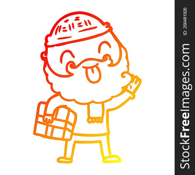 warm gradient line drawing of a man with beard carrying christmas present
