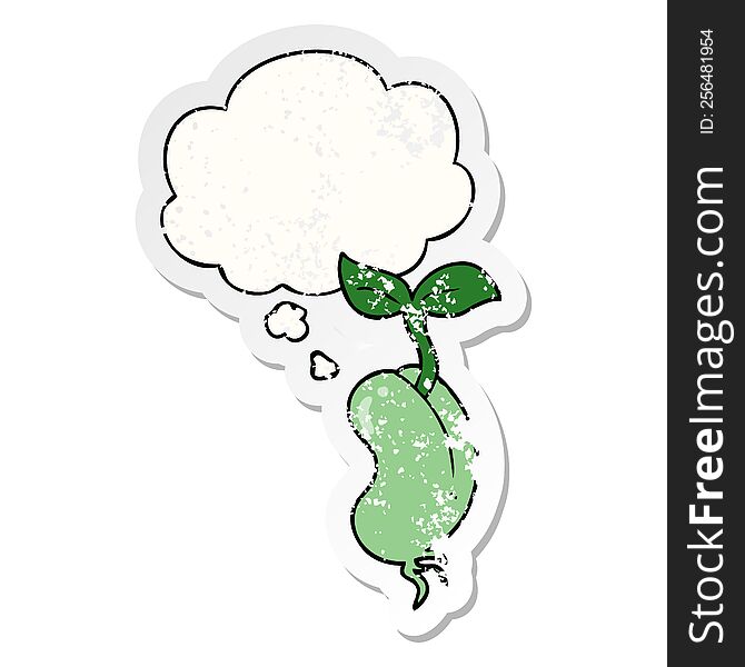 cartoon sprouting seed with thought bubble as a distressed worn sticker